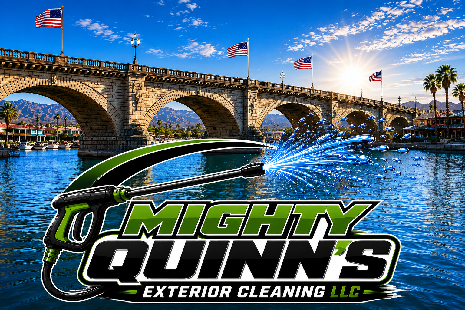 Mighty Quinn's Exterior Cleaning character with pressure washer