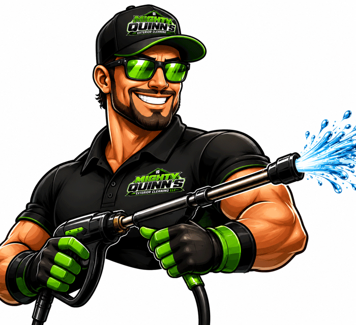 Mighty Quinn's Exterior Cleaning character with power washer